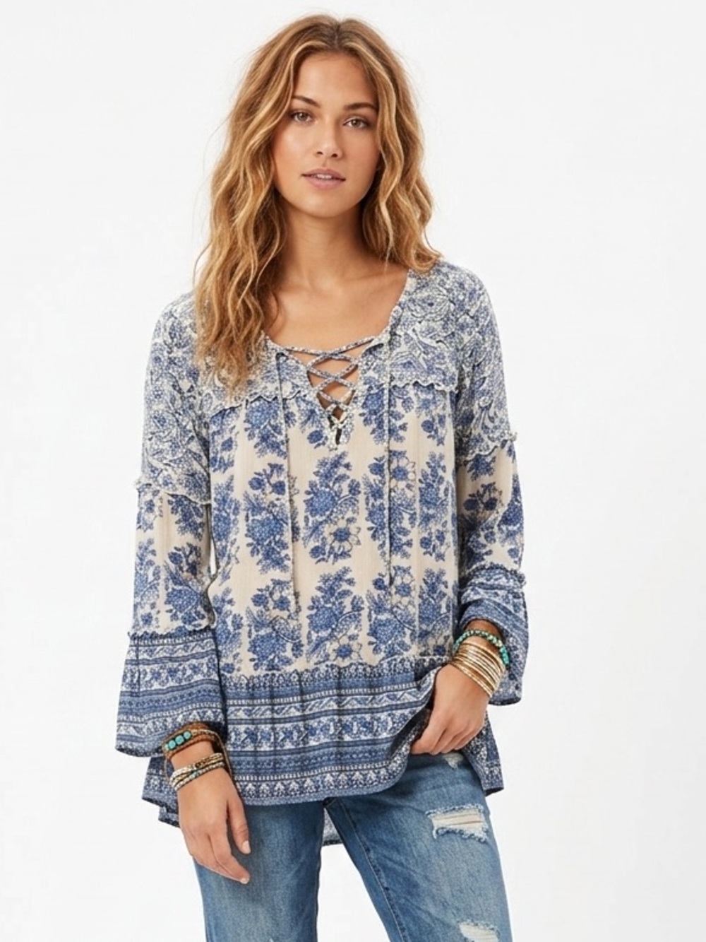 Lucky Brand Blue and Cream Floral Lace-Up Peasant Tunic